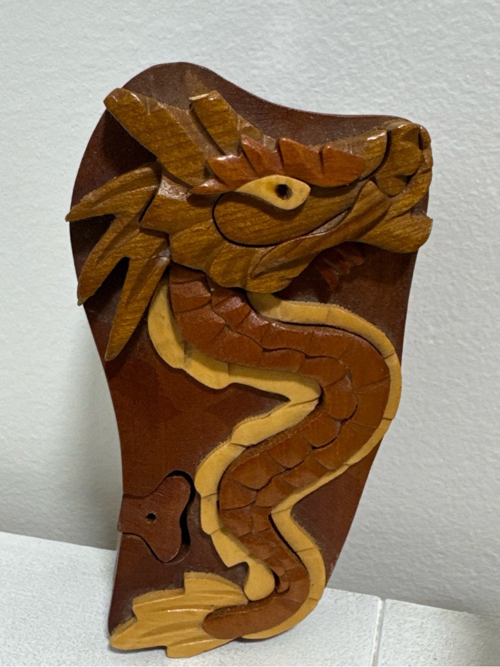 Handcrafted Intarsia Wood Dragon Puzzle Box Secret Jewelry Compartment Trinket